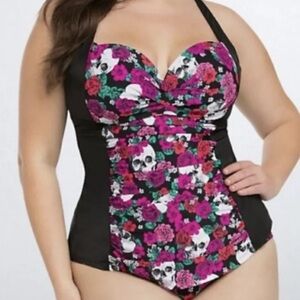 Torrid Women Plus 3X Bathing Suit One Piece Skull Floral Colorful Ruched Goth